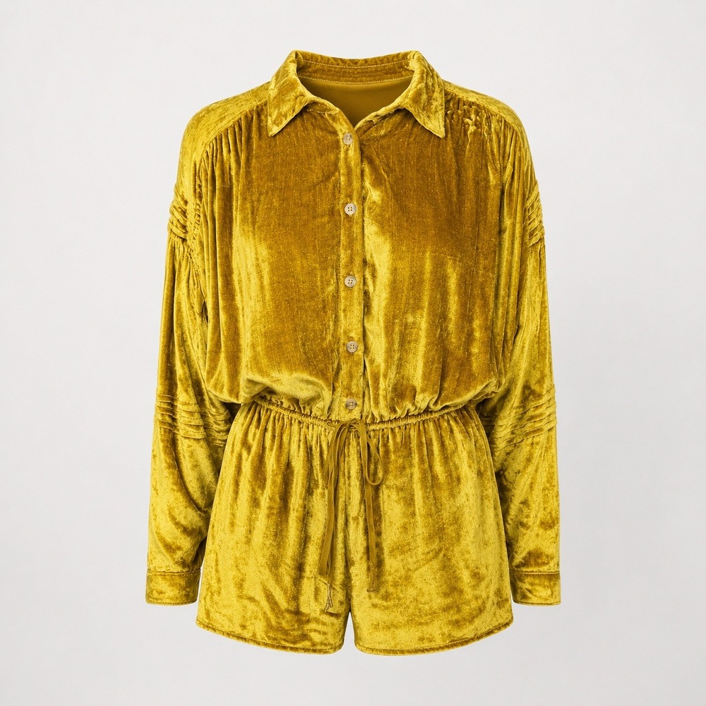 Urban Outfitters Gold Velvet Romper‎ Mustard Dolman Sleeve Boho Festival Size S